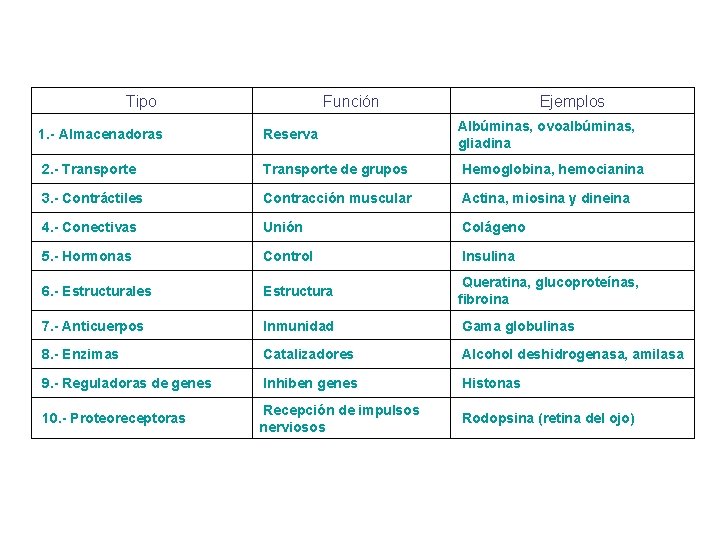 Tipo Función Ejemplos 1. - Almacenadoras Reserva Albúminas, ovoalbúminas, gliadina 2. - Transporte de