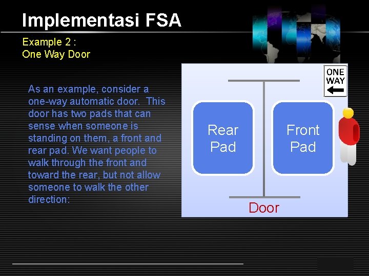Implementasi FSA Example 2 : One Way Door As an example, consider a one-way