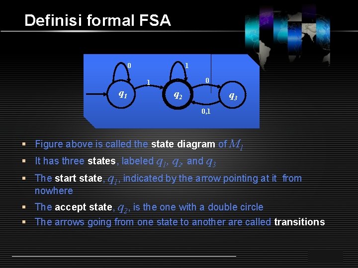 Definisi formal FSA 0 1 q 1 q 2 q 3 0, 1 §