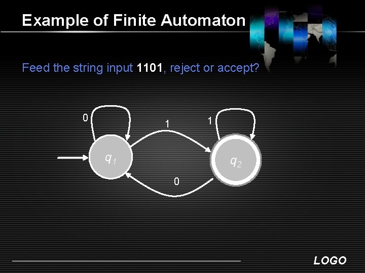 Example of Finite Automaton Feed the string input 1101, reject or accept? 0 1