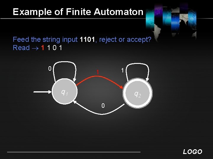 Example of Finite Automaton Feed the string input 1101, reject or accept? Read 1