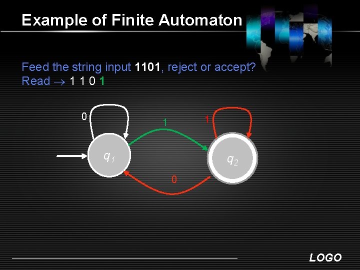 Example of Finite Automaton Feed the string input 1101, reject or accept? Read 1