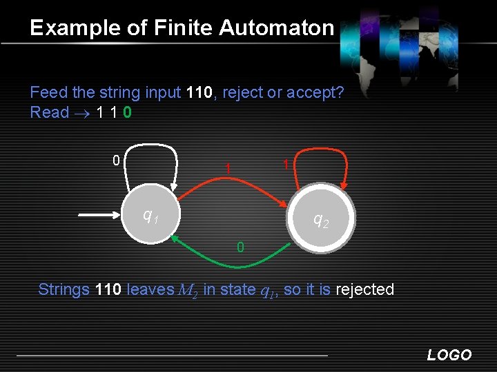Example of Finite Automaton Feed the string input 110, reject or accept? Read 1