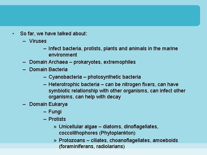  • So far, we have talked about: – Viruses – Infect bacteria, protists,