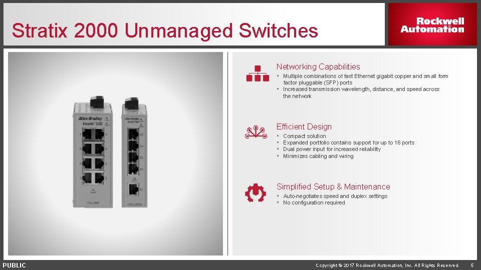 Stratix 2000 Unmanaged Switches Networking Capabilities • Multiple combinations of fast Ethernet gigabit copper