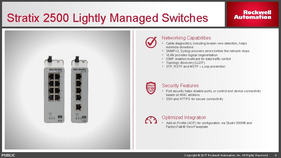 Stratix 2500 Lightly Managed Switches Networking Capabilities • Cable diagnostics, including broken wire detection,