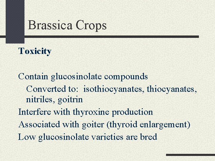 Brassica Crops Toxicity Contain glucosinolate compounds Converted to: isothiocyanates, nitriles, goitrin Interfere with thyroxine