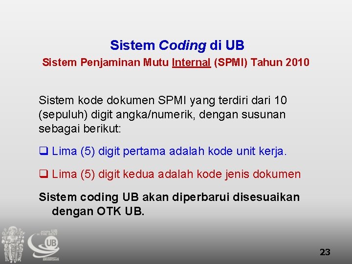 Sistem Coding di UB Sistem Penjaminan Mutu Internal (SPMI) Tahun 2010 Sistem kode dokumen