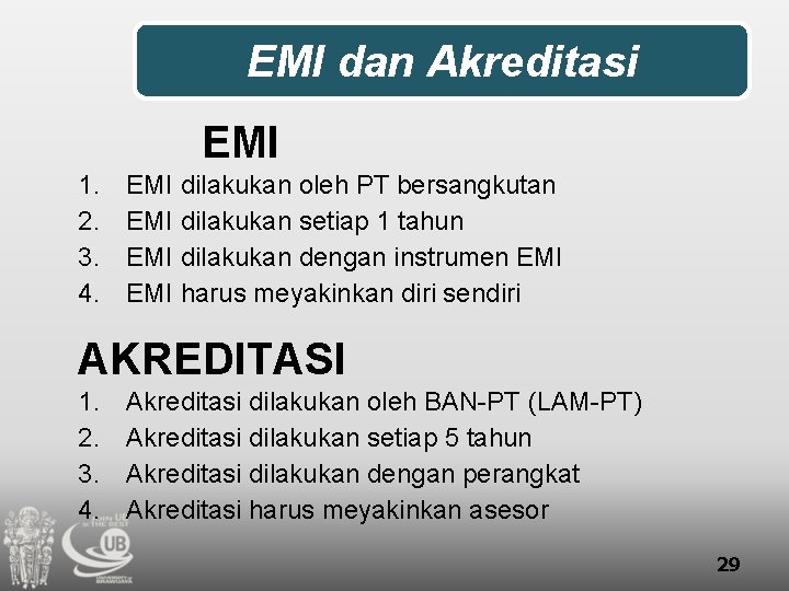 EMI dan Akreditasi EMI 1. 2. 3. 4. EMI dilakukan oleh PT bersangkutan EMI