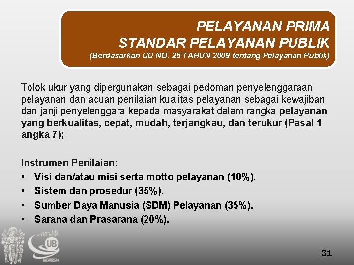 PELAYANAN PRIMA STANDAR PELAYANAN PUBLIK (Berdasarkan UU NO. 25 TAHUN 2009 tentang Pelayanan Publik)