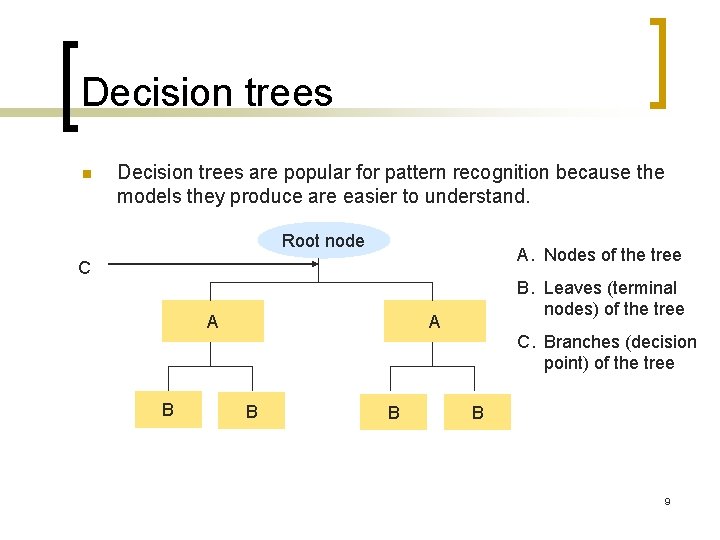 Decision trees n Decision trees are popular for pattern recognition because the models they