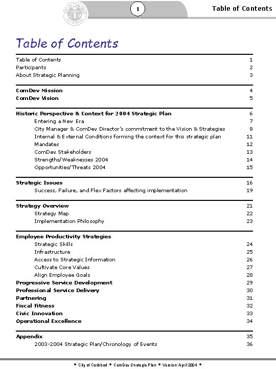 1 Table of Contents 1 Participants About Strategic Planning 2 3 Com. Dev Mission