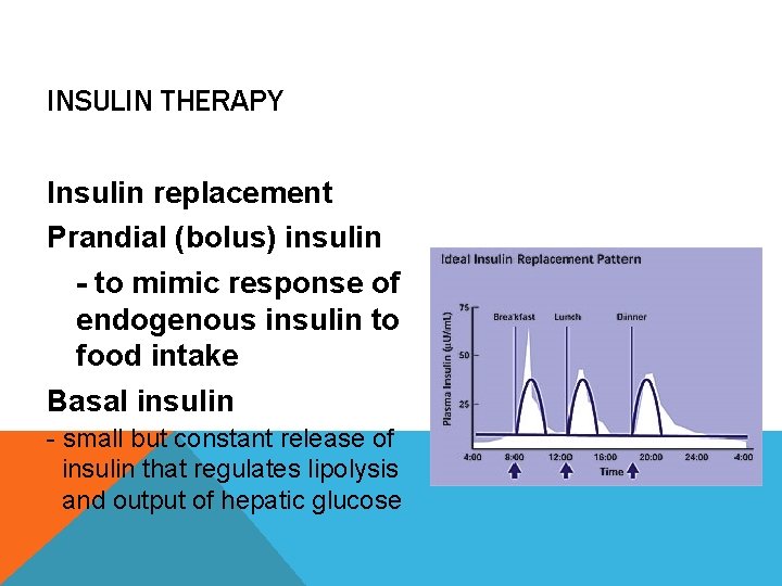 INSULIN THERAPY Insulin replacement Prandial (bolus) insulin - to mimic response of endogenous insulin