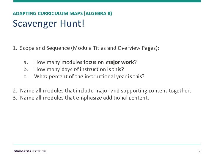 ADAPTING CURRICULUM MAPS (ALGEBRA II) Scavenger Hunt! 1. Scope and Sequence (Module Titles and