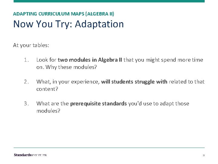 ADAPTING CURRICULUM MAPS (ALGEBRA II) Now You Try: Adaptation At your tables: 1. Look