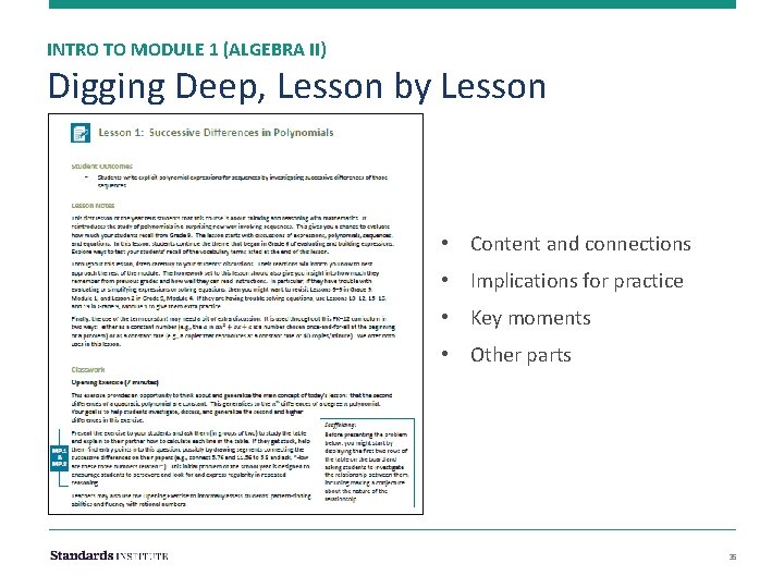 INTRO TO MODULE 1 (ALGEBRA II) Digging Deep, Lesson by Lesson • Content and