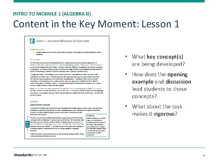 INTRO TO MODULE 1 (ALGEBRA II) Content in the Key Moment: Lesson 1 •