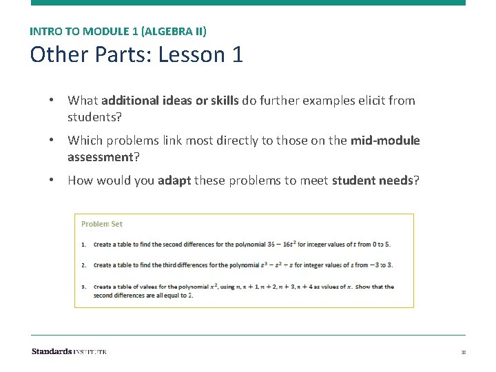 INTRO TO MODULE 1 (ALGEBRA II) Other Parts: Lesson 1 • What additional ideas