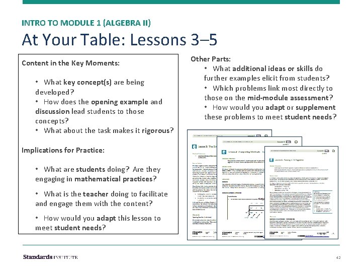 INTRO TO MODULE 1 (ALGEBRA II) At Your Table: Lessons 3– 5 Content in