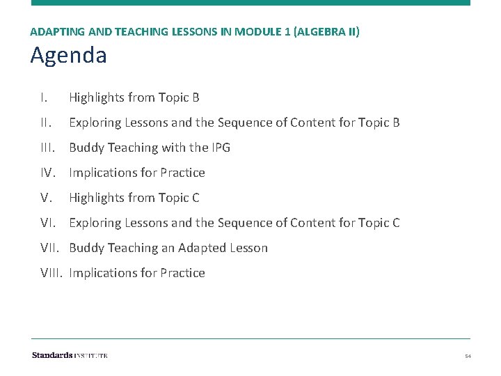 ADAPTING AND TEACHING LESSONS IN MODULE 1 (ALGEBRA II) Agenda I. Highlights from Topic