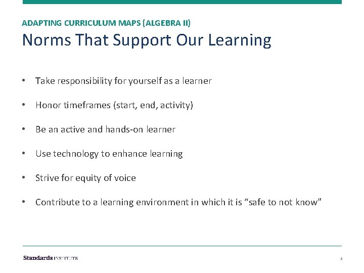 ADAPTING CURRICULUM MAPS (ALGEBRA II) Norms That Support Our Learning • Take responsibility for