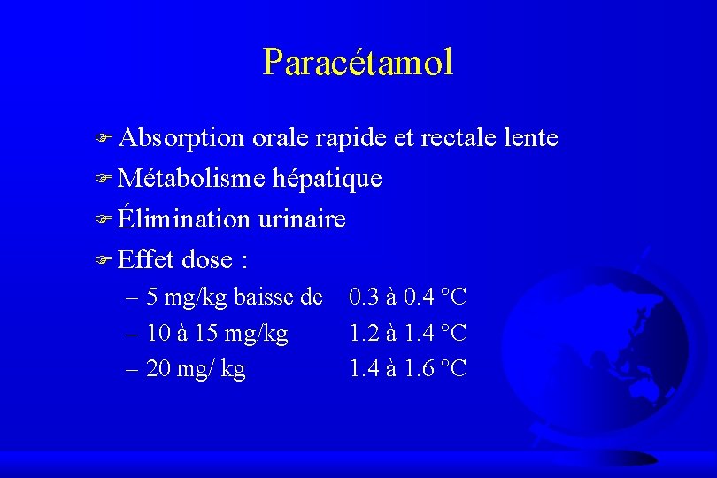 Paracétamol F Absorption orale rapide et rectale lente F Métabolisme hépatique F Élimination urinaire