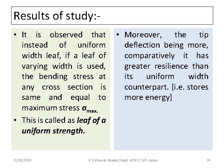 Results of study: • It is observed that instead of uniform width leaf, if