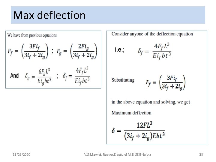 Max deflection 11/26/2020 V. S. Marwal, Reader, Deptt. of M. E. SKIT-Jaipur 38 