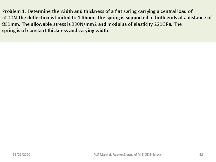 Problem 1. Determine the width and thickness of a flat spring carrying a central