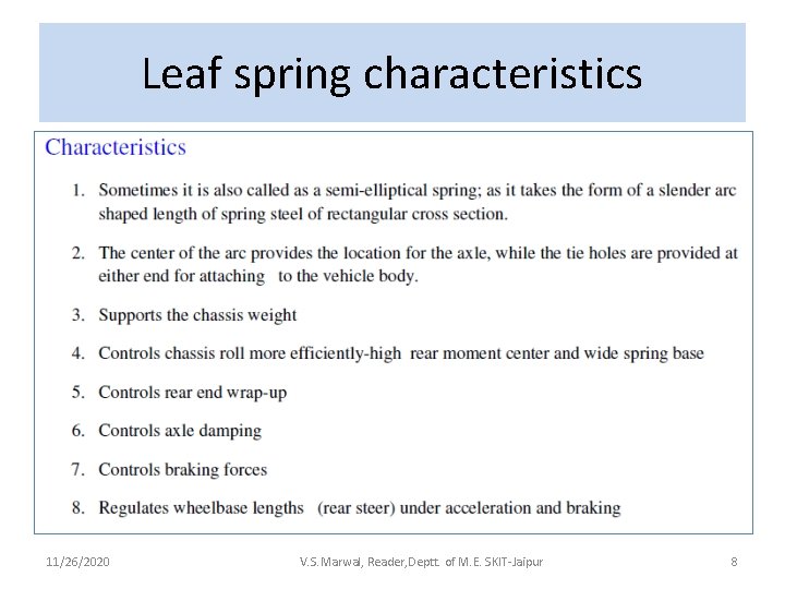 Leaf spring characteristics 11/26/2020 V. S. Marwal, Reader, Deptt. of M. E. SKIT-Jaipur 8