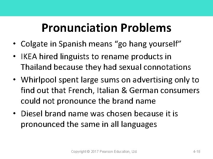 Pronunciation Problems • Colgate in Spanish means “go hang yourself” • IKEA hired linguists