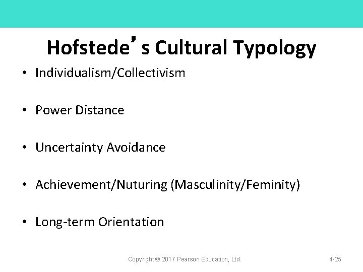 Hofstede’s Cultural Typology • Individualism/Collectivism • Power Distance • Uncertainty Avoidance • Achievement/Nuturing (Masculinity/Feminity)