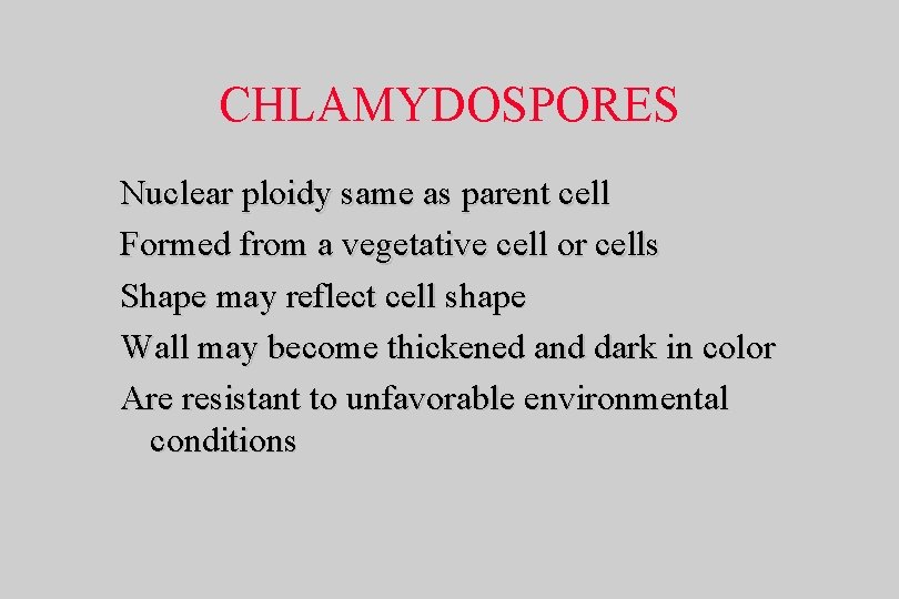 CHLAMYDOSPORES Nuclear ploidy same as parent cell Formed from a vegetative cell or cells