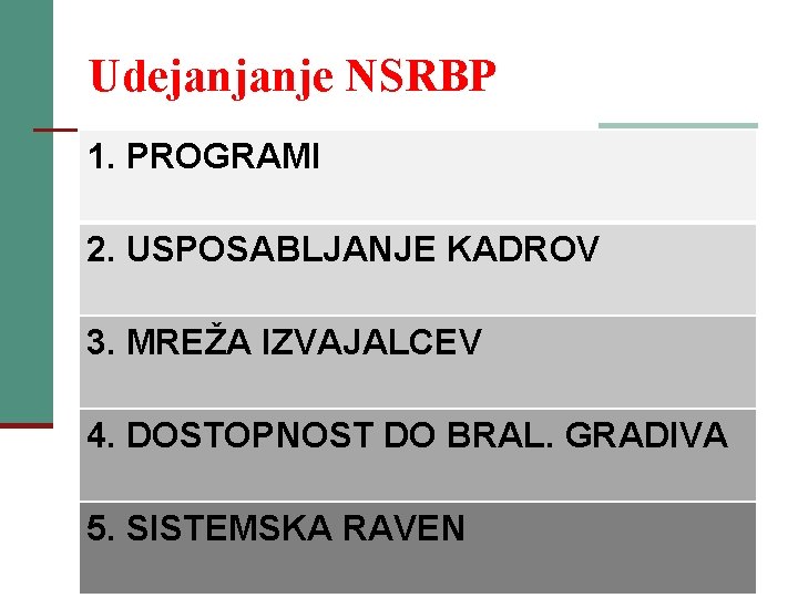 Udejanjanje NSRBP 1. PROGRAMI 2. USPOSABLJANJE KADROV 3. MREŽA IZVAJALCEV 4. DOSTOPNOST DO BRAL.