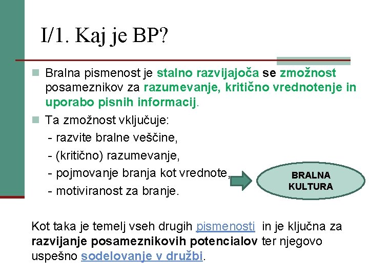 I/1. Kaj je BP? n Bralna pismenost je stalno razvijajoča se zmožnost posameznikov za