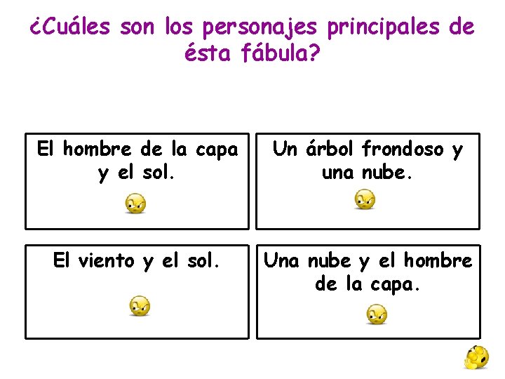 ¿Cuáles son los personajes principales de ésta fábula? El hombre de la capa y ¿Cuáles son los personajes principales de ésta fábula? El hombre de la capa y