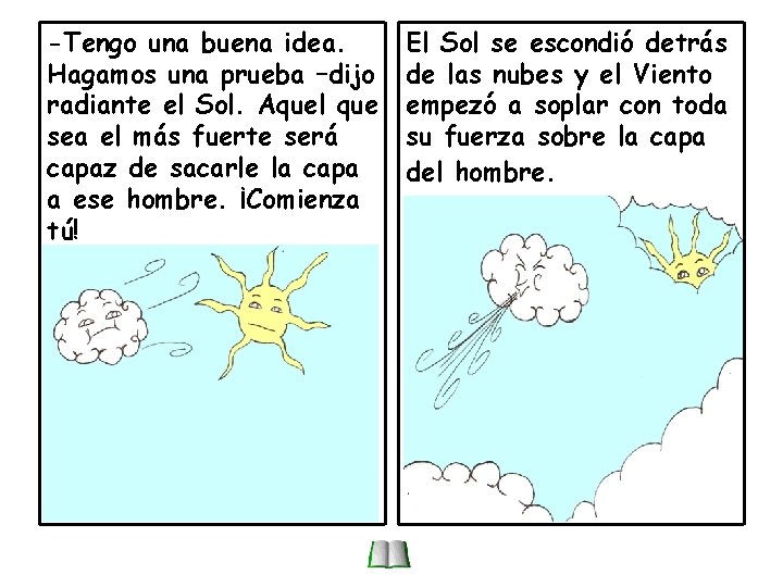 -Tengo una buena idea. Hagamos una prueba –dijo radiante el Sol. Aquel que sea -Tengo una buena idea. Hagamos una prueba –dijo radiante el Sol. Aquel que sea