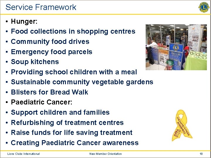 Service Framework • • • • Hunger: Food collections in shopping centres Community food