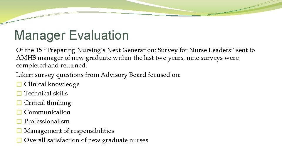 Manager Evaluation Of the 15 “Preparing Nursing’s Next Generation: Survey for Nurse Leaders” sent