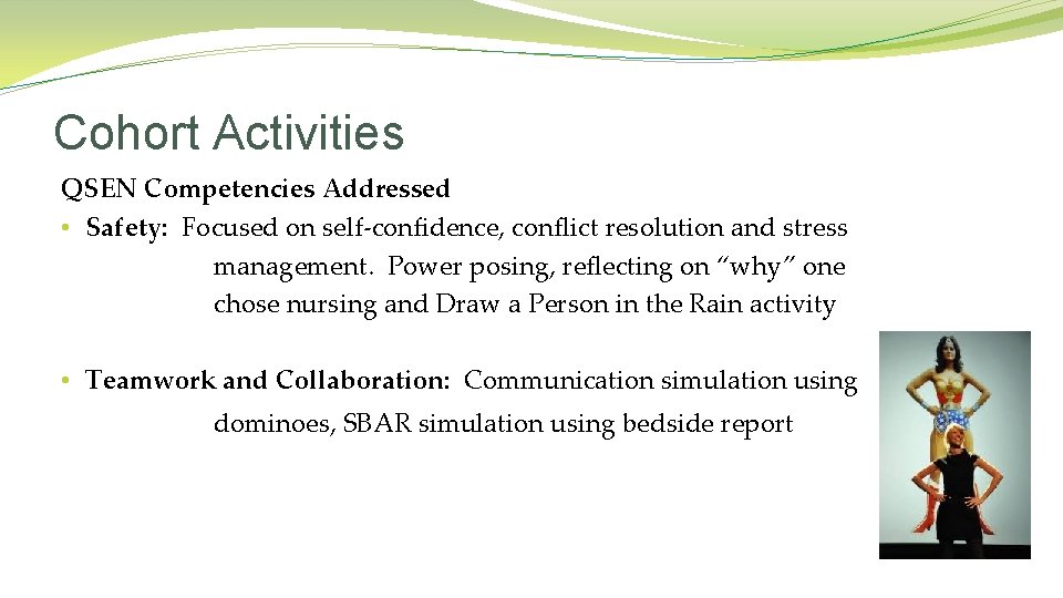 Cohort Activities QSEN Competencies Addressed • Safety: Focused on self-confidence, conflict resolution and stress