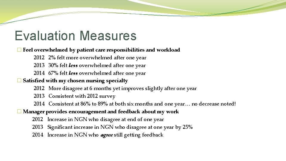 Evaluation Measures � Feel overwhelmed by patient care responsibilities and workload 2012 2% felt