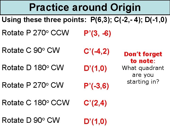 Practice around Origin Using these three points: P(6, 3); C(-2, - 4); D(-1, 0)