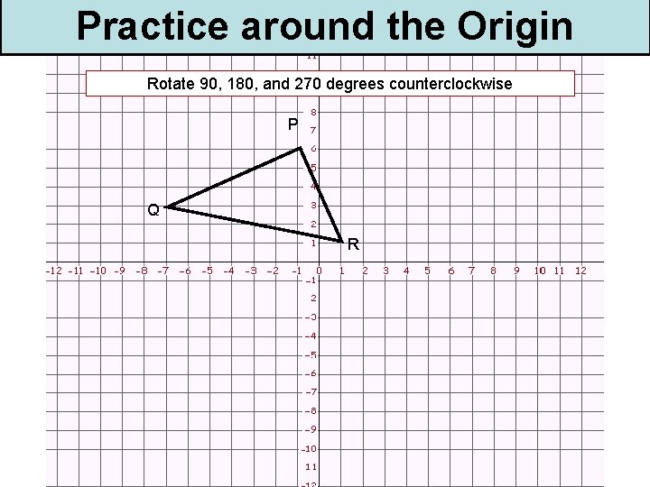 Practice around the Origin Rotate 90, 180, and 270 degrees counterclockwise P Q R