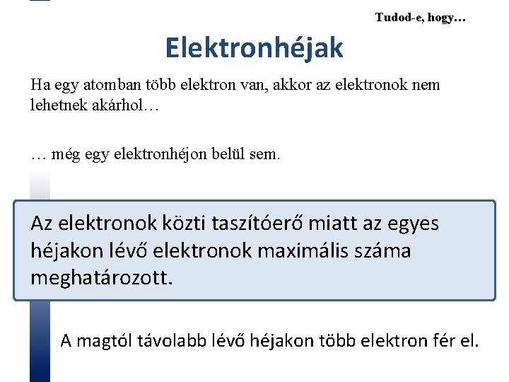 Tudod-e, hogy… Elektronhéjak Ha egy atomban több elektron van, akkor az elektronok nem lehetnek