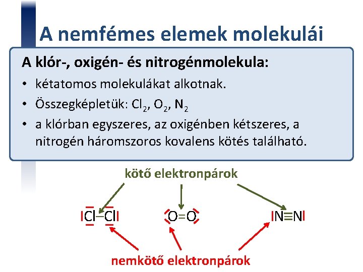 A nemfémes elemek molekulái A klór-, oxigén- és nitrogénmolekula: • kétatomos molekulákat alkotnak. •