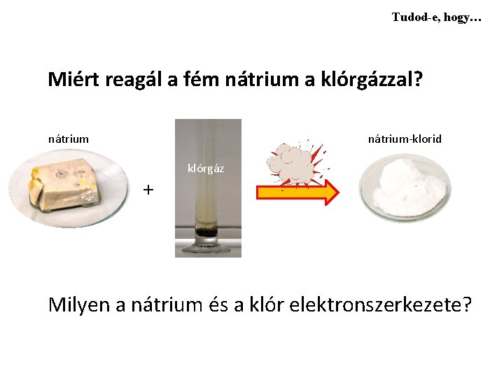 Tudod-e, hogy… Miért reagál a fém nátrium a klórgázzal? nátrium-klorid + klórgáz Milyen a