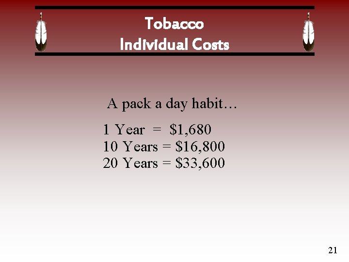 Tobacco Individual Costs A pack a day habit… 1 Year = $1, 680 10