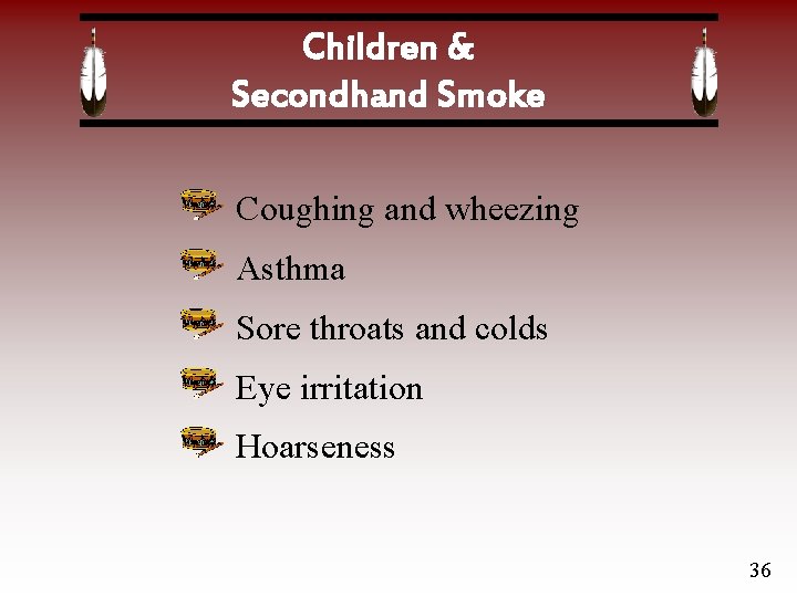 Children & Secondhand Smoke Coughing and wheezing Asthma Sore throats and colds Eye irritation