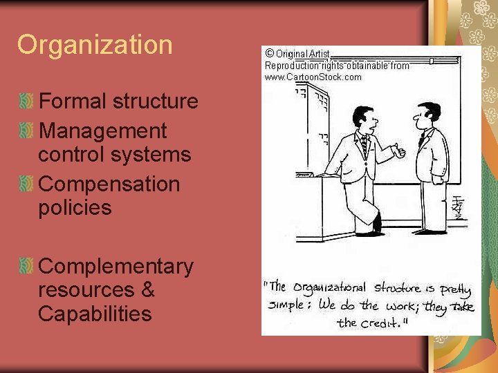 Organization Formal structure Management control systems Compensation policies Complementary resources & Capabilities 