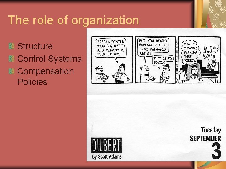 The role of organization Structure Control Systems Compensation Policies 